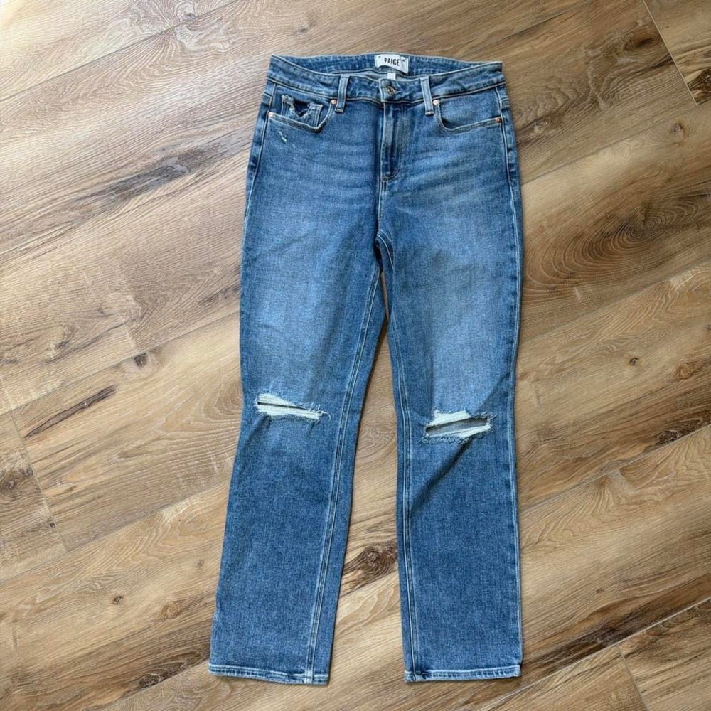 PAIGE Amber High Rise Distressed Straight Leg Jeans‎ Size 30 Blue Denim Stretch
